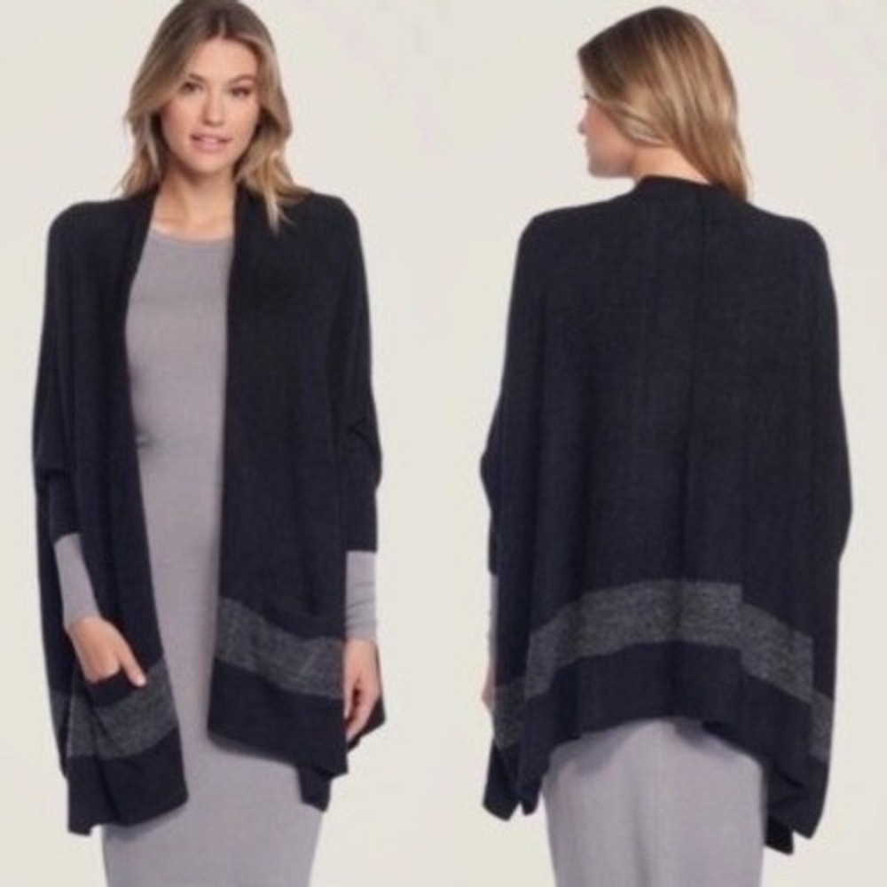 Barefoot Dreams CozyChic Lite Wrap Cardigan Black Grey Striped Open Front OS